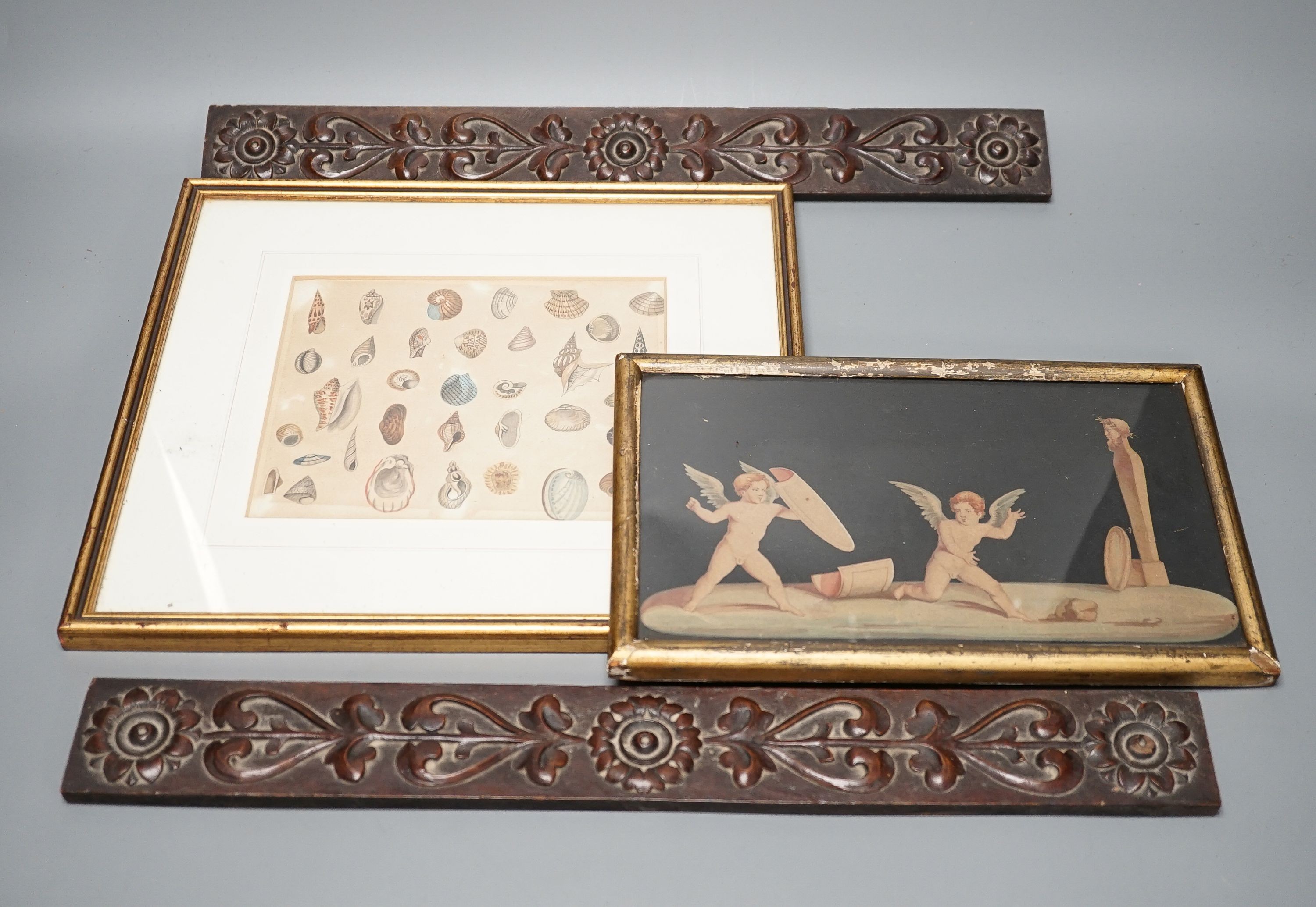 A pair of Aesthetic period relief carved mahogany panels with stylised floral designs, 43 x 5cm, a neo-classical print of cherubs, 14 x 24cm and a small hand coloured print of shells